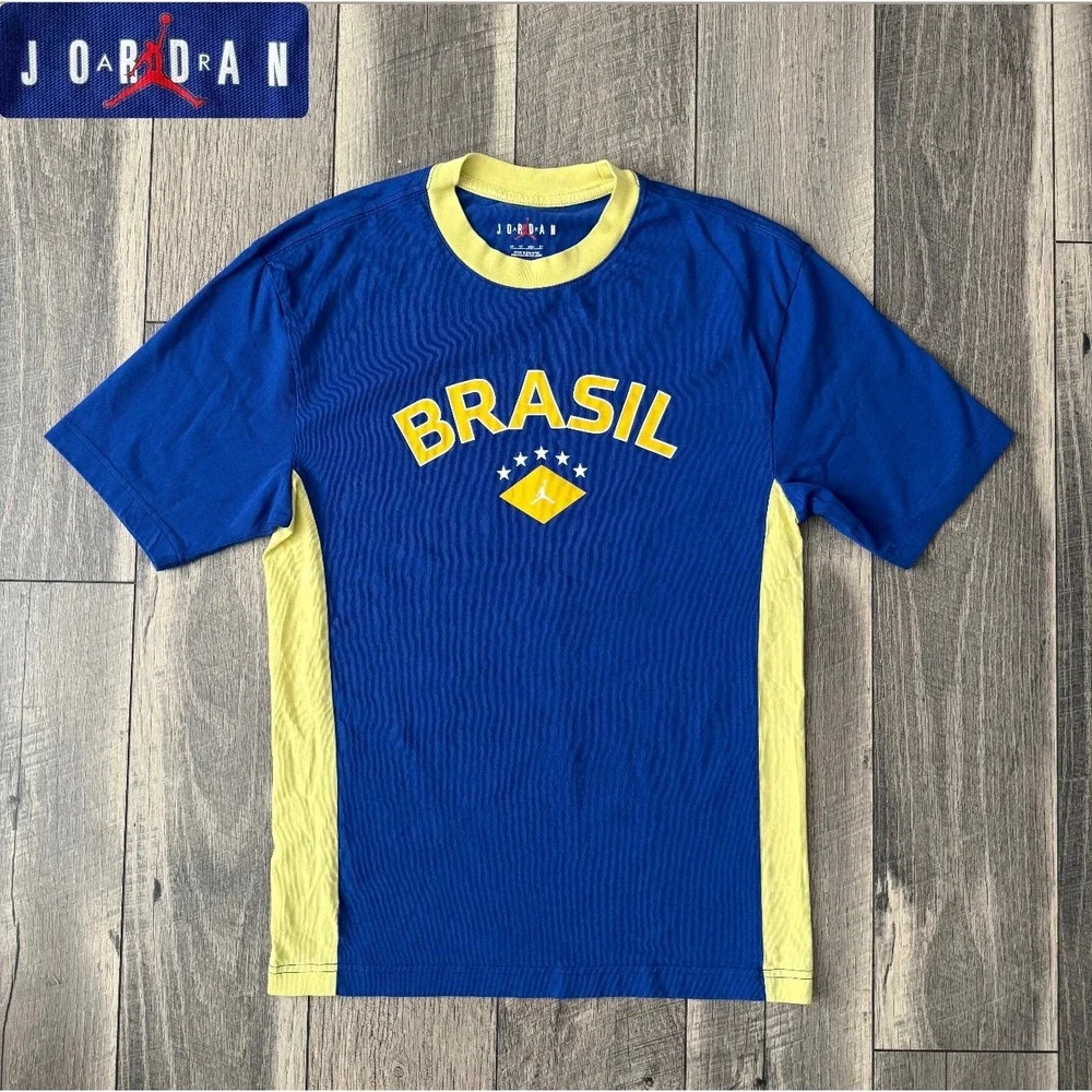 Jordan Brasil Ringer T-Shirt Mens XS Blue Yellow Graphic Soccer Jumpman Football